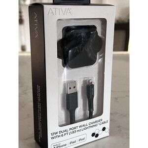 Ativa 12W Dual Port Wall Charger Black w/ 6 ft Tangle-Resistant  Cable